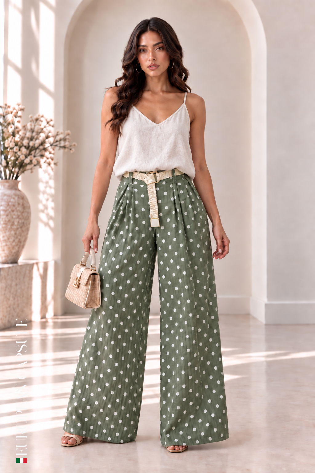 Bolonia Dots Italian Linen Pants - Olive