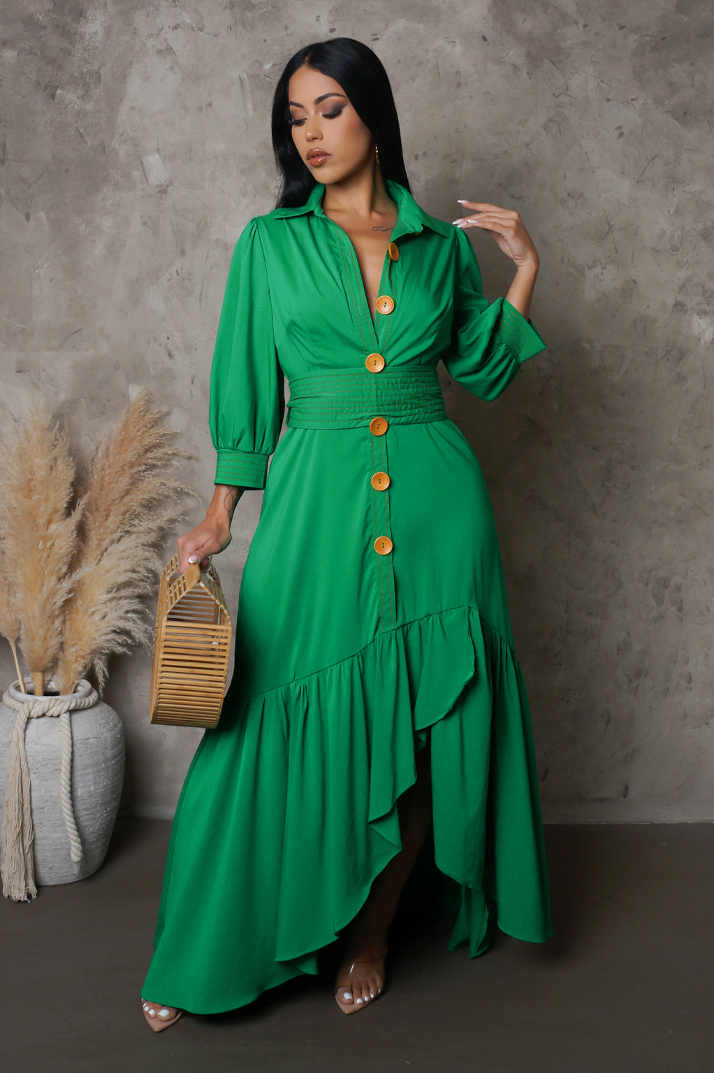 The Button Up Midi Dress - Green