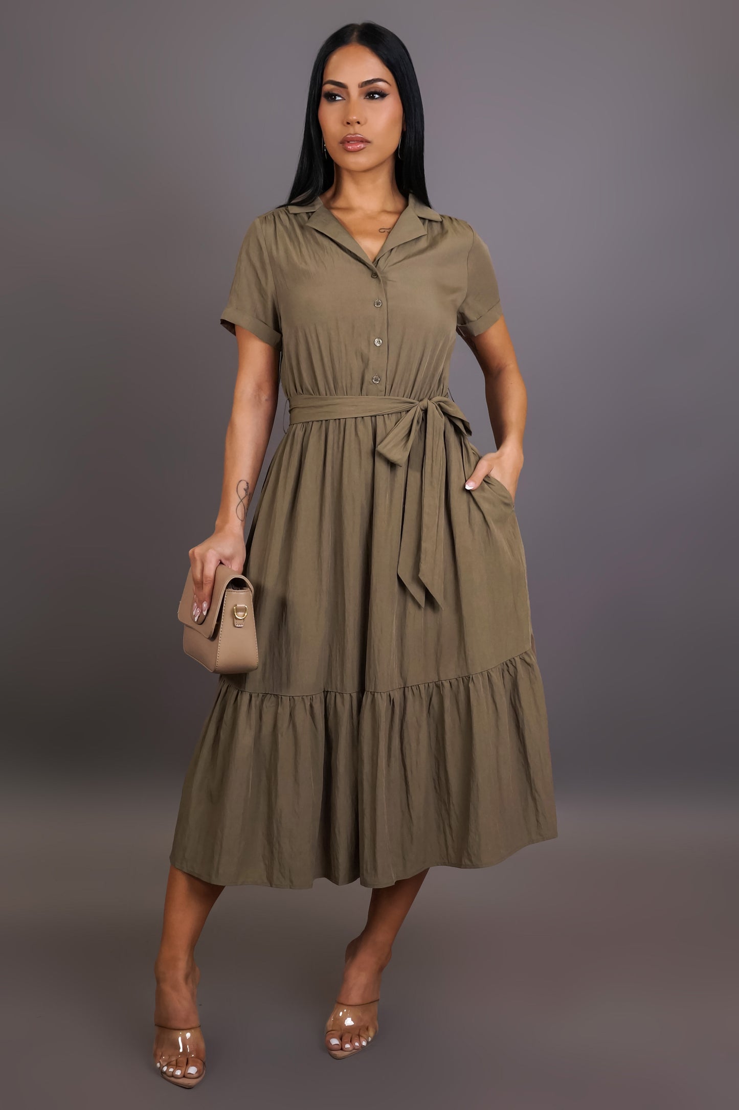 Lost In The Details Midi Dress - Olive