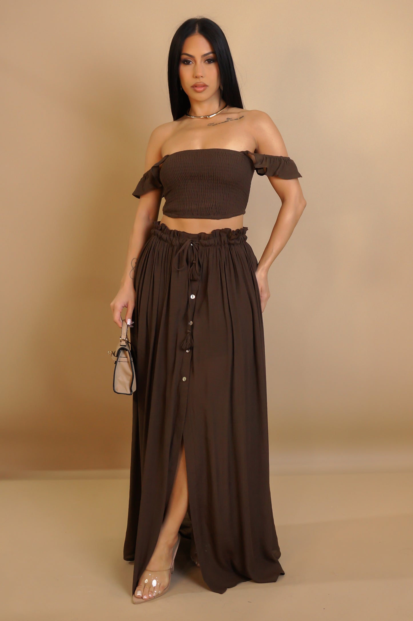 Your Glowing Skirt Set - Brown