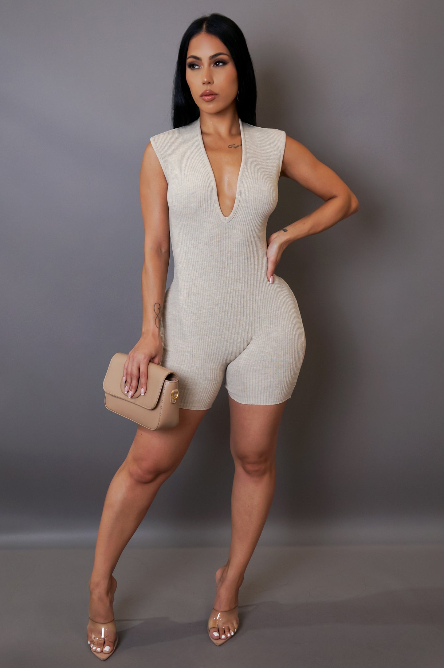 Second Skin Romper - Oatmeal Magnolia Fashion Wholesale Second Skin Romper - Oatmeal Magnolia Fashion Wholesale