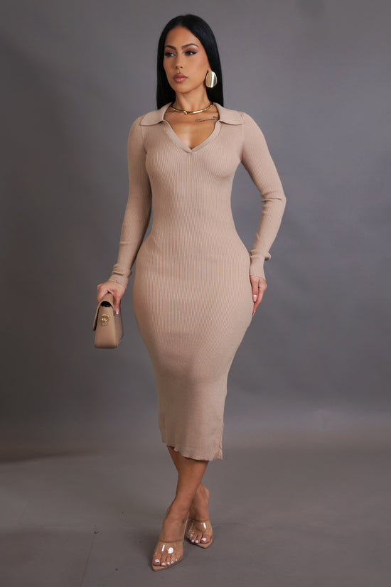 Caught Up In The Drama Midi Dress - Taupe