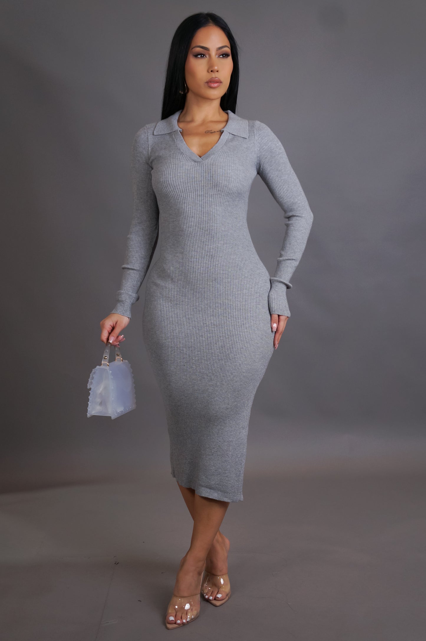 Caught Up In The Drama Midi Dress - Grey