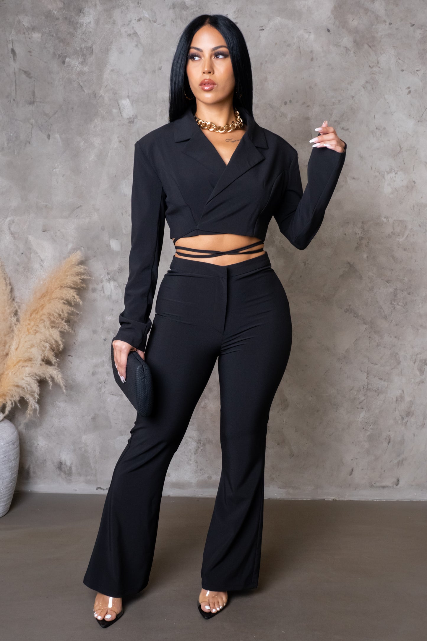 Can't Pay Me To React Two Piece Pant Set - Black