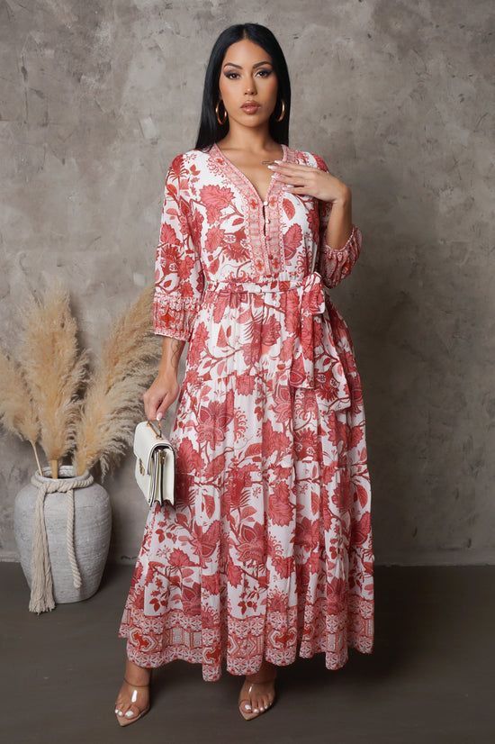 Load image into Gallery viewer, Leaf Print Maxi Dress - Red
