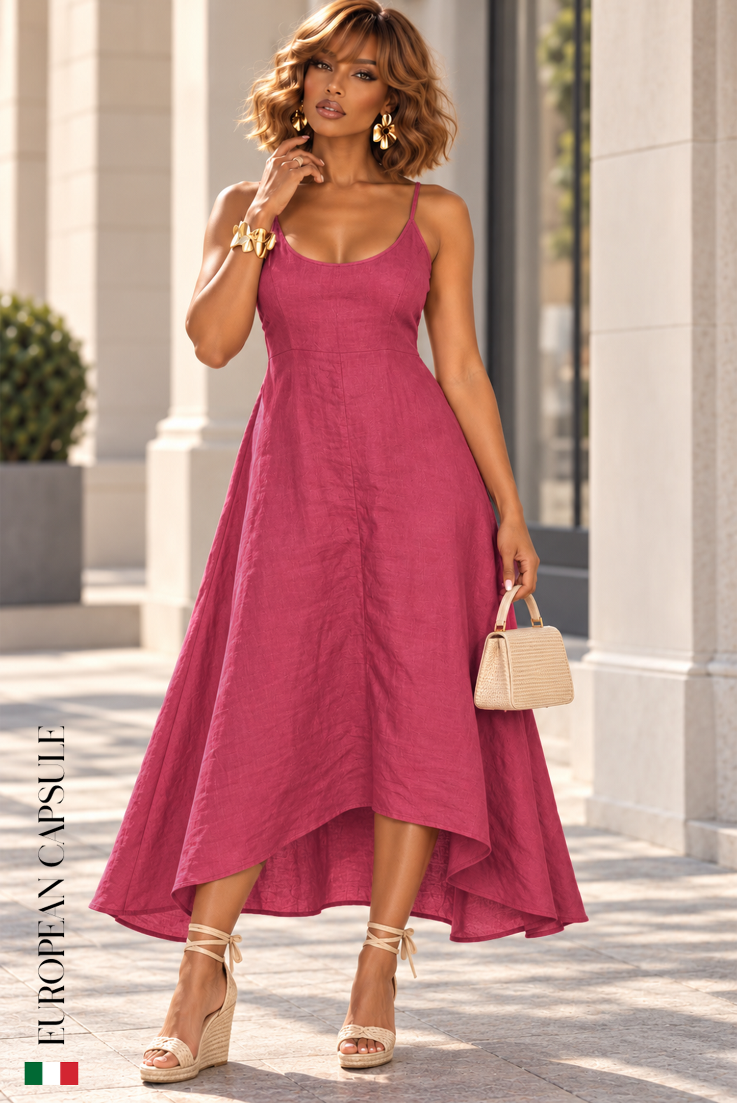 Splendore Di Donna Italian Linen Dress- Fuchsia