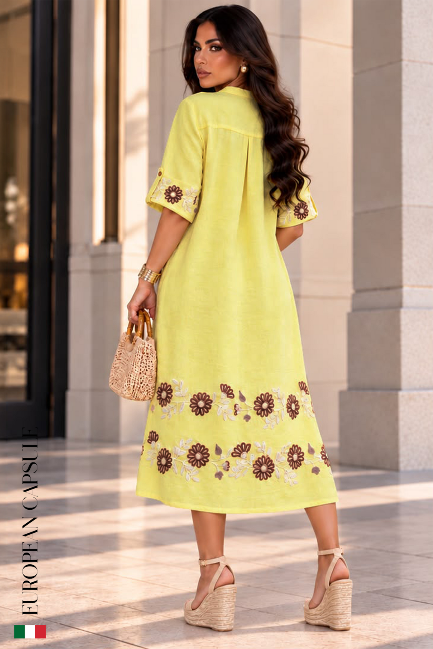 Petali Di Sole Italian Linen Dress- Yellow