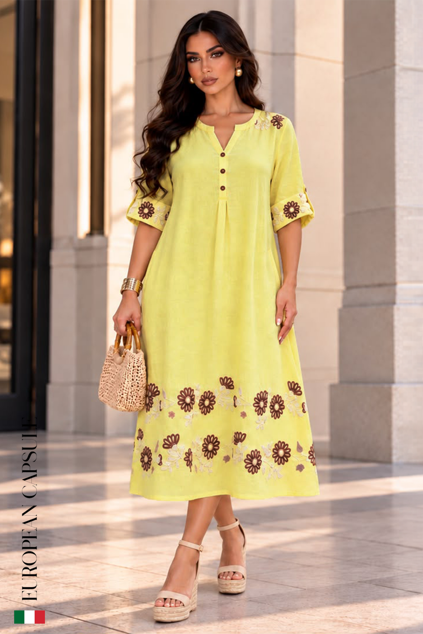 Petali Di Sole Italian Linen Dress- Yellow