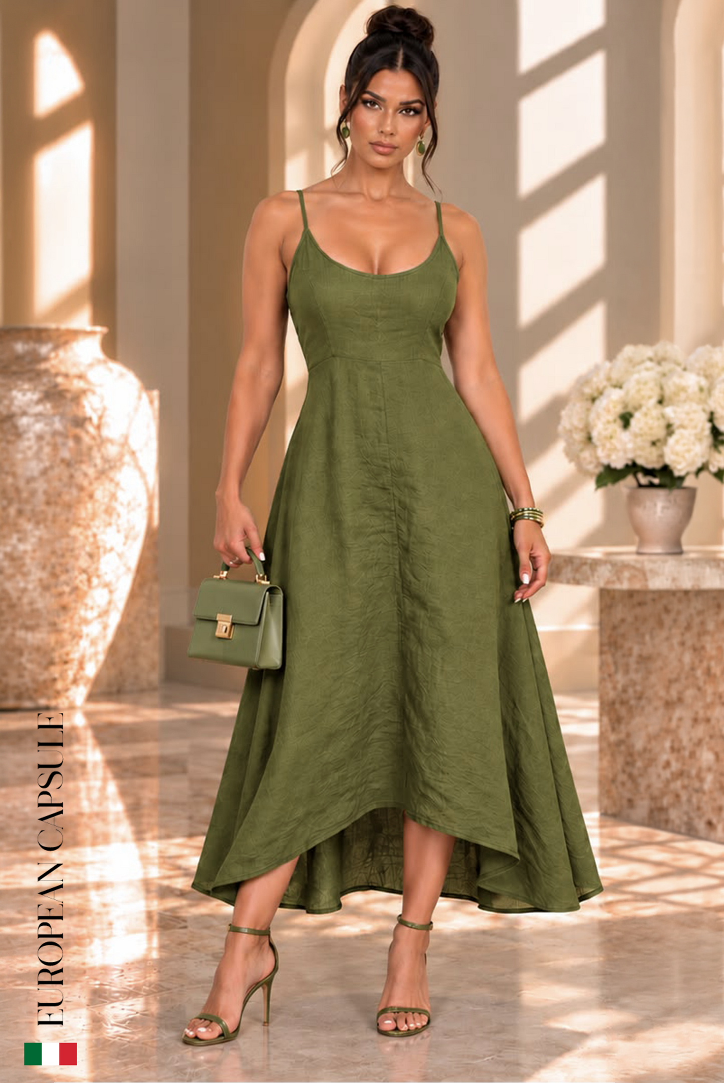 Splendore Di Donna Italian Linen Dress- Green