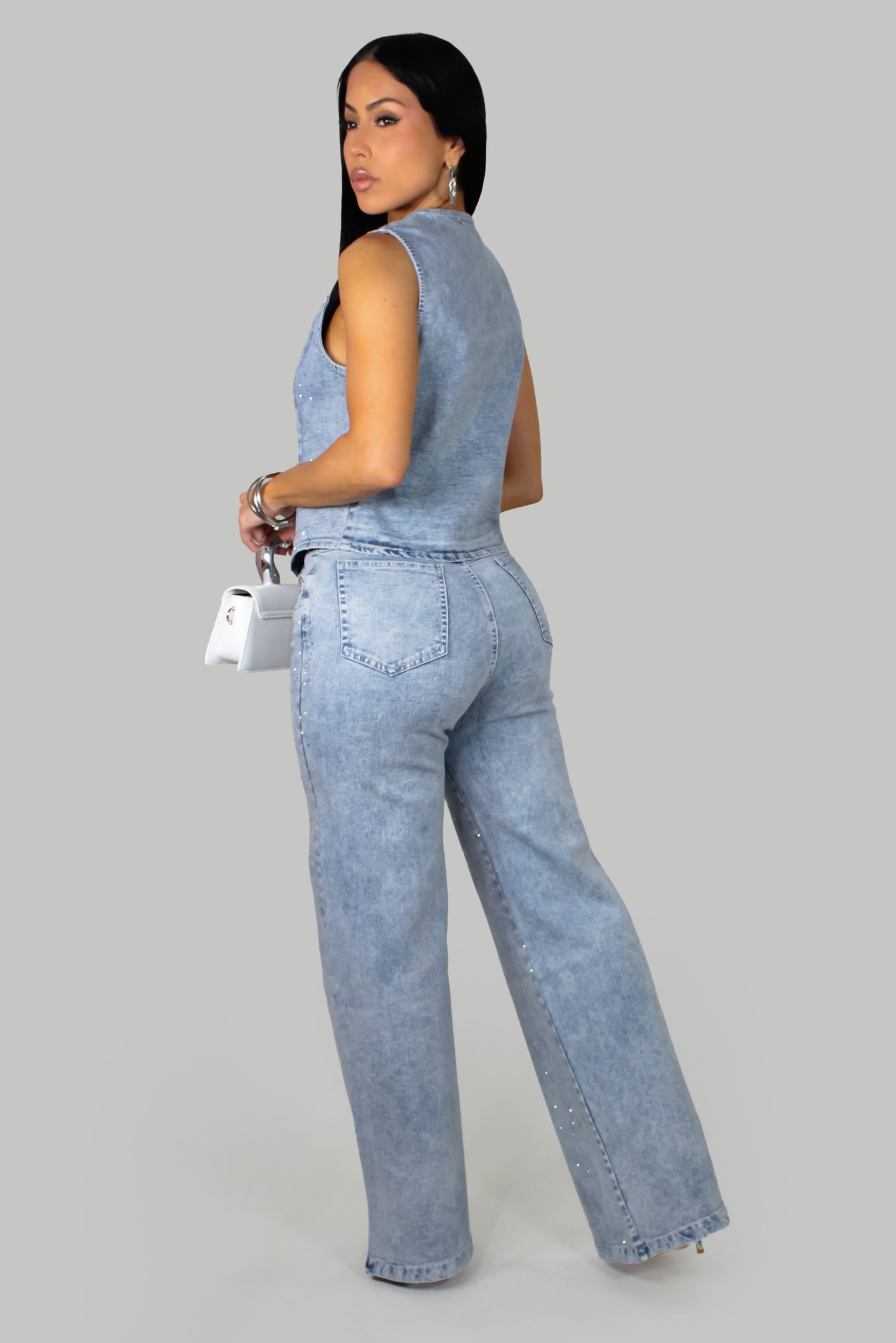 Bling Over Denin Pant Set- Denim-Ligh Wash & Bling