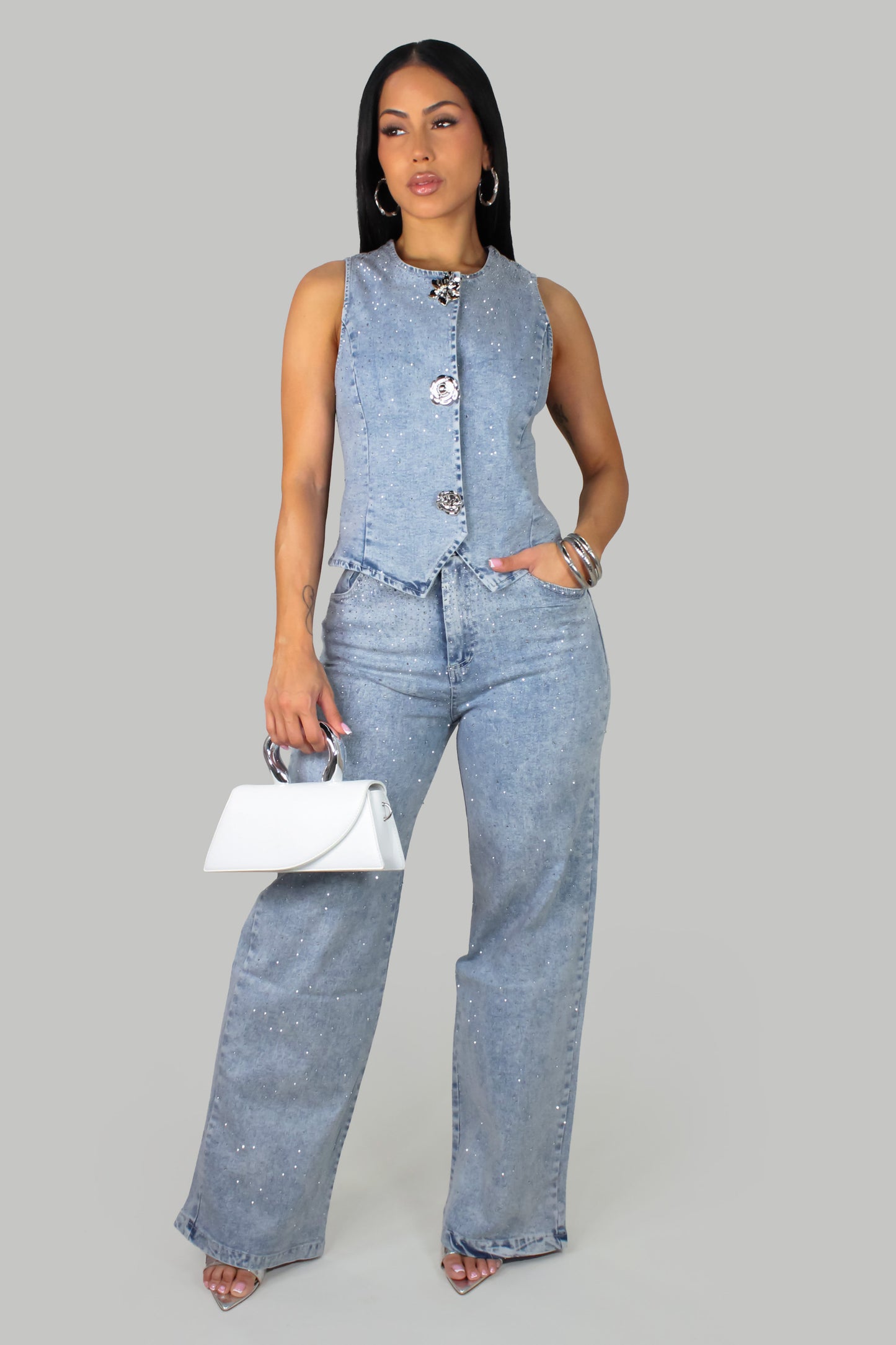 Bling Over Denin Pant Set- Denim-Ligh Wash & Bling