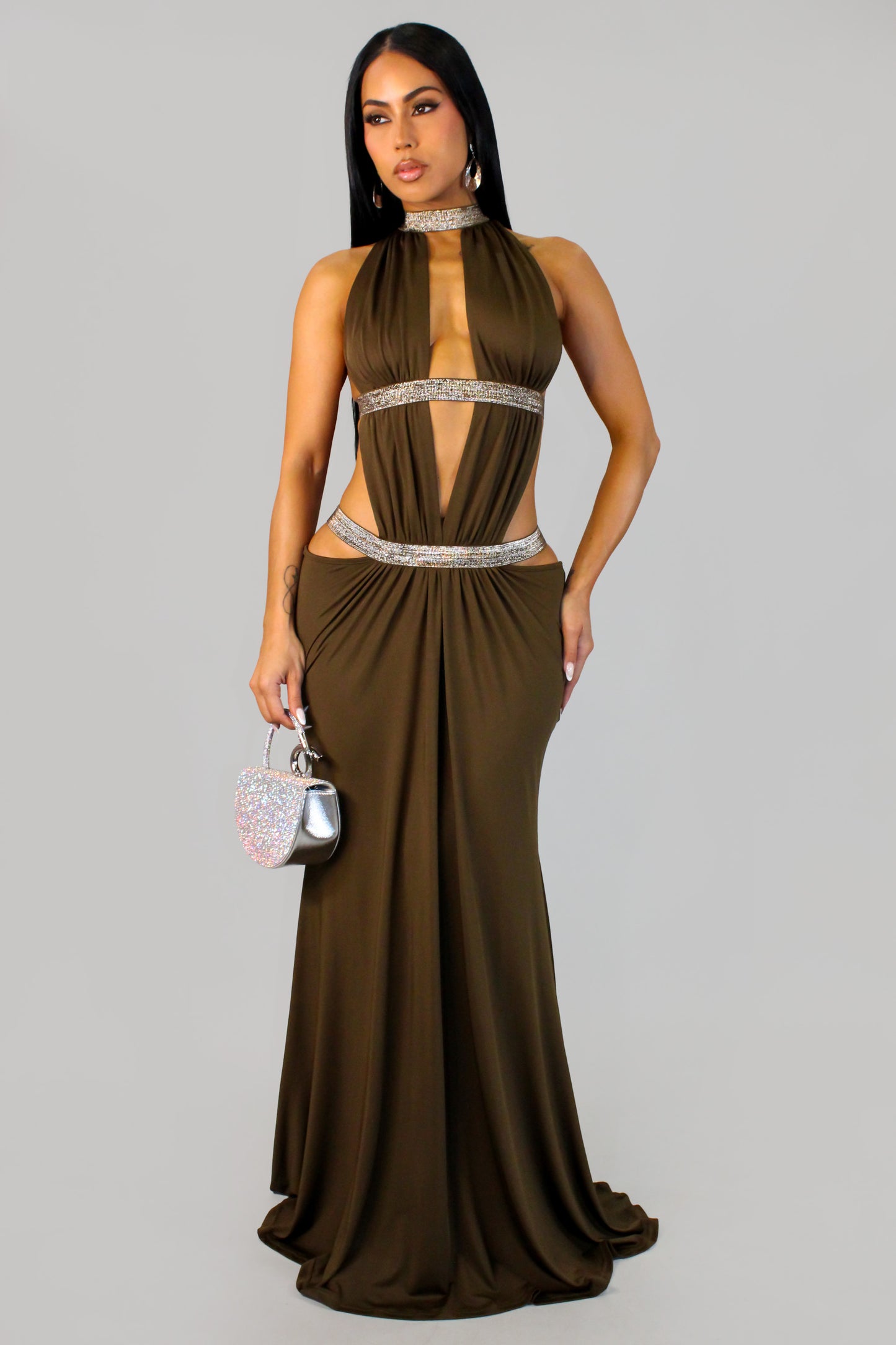 At Midnight Gardens Dress - Olive-Brown