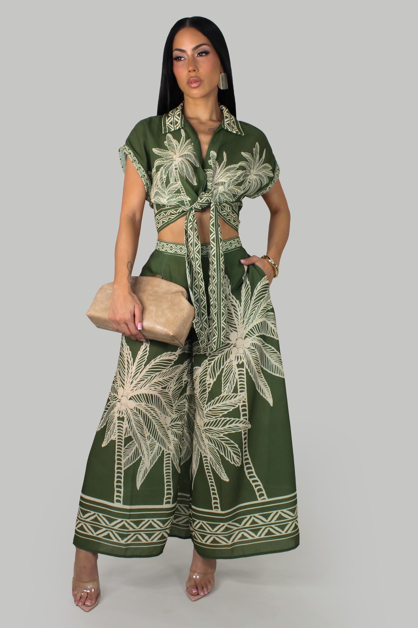 Old Times Palms Pant Set - Olive