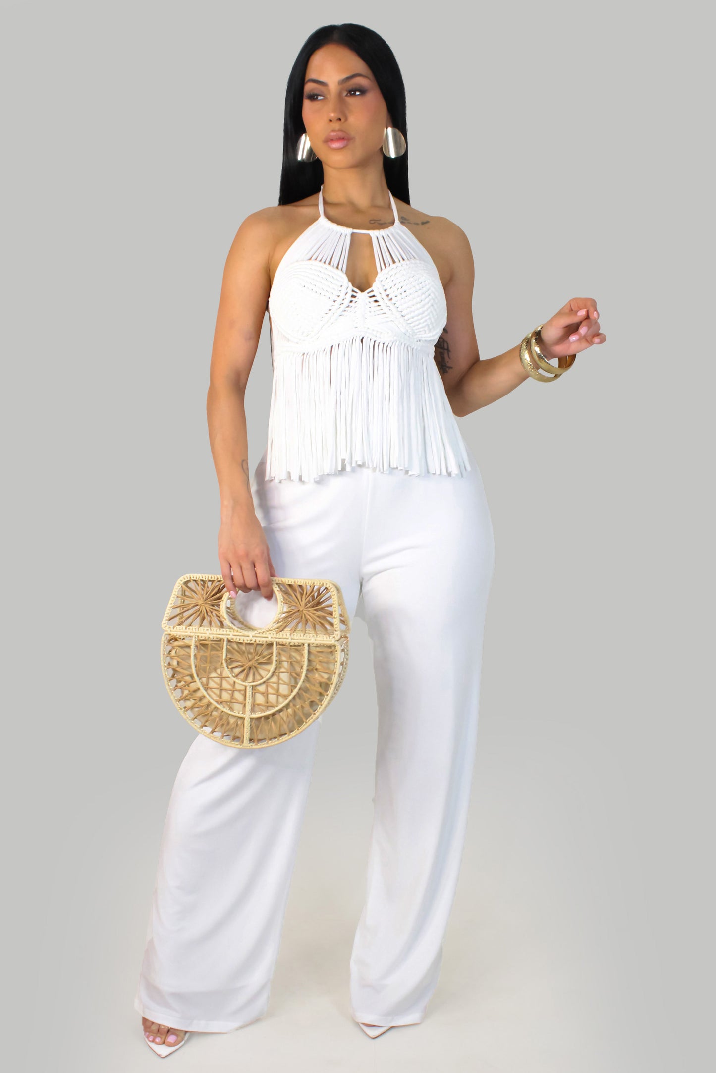 Luna Fringe Pant Set - White