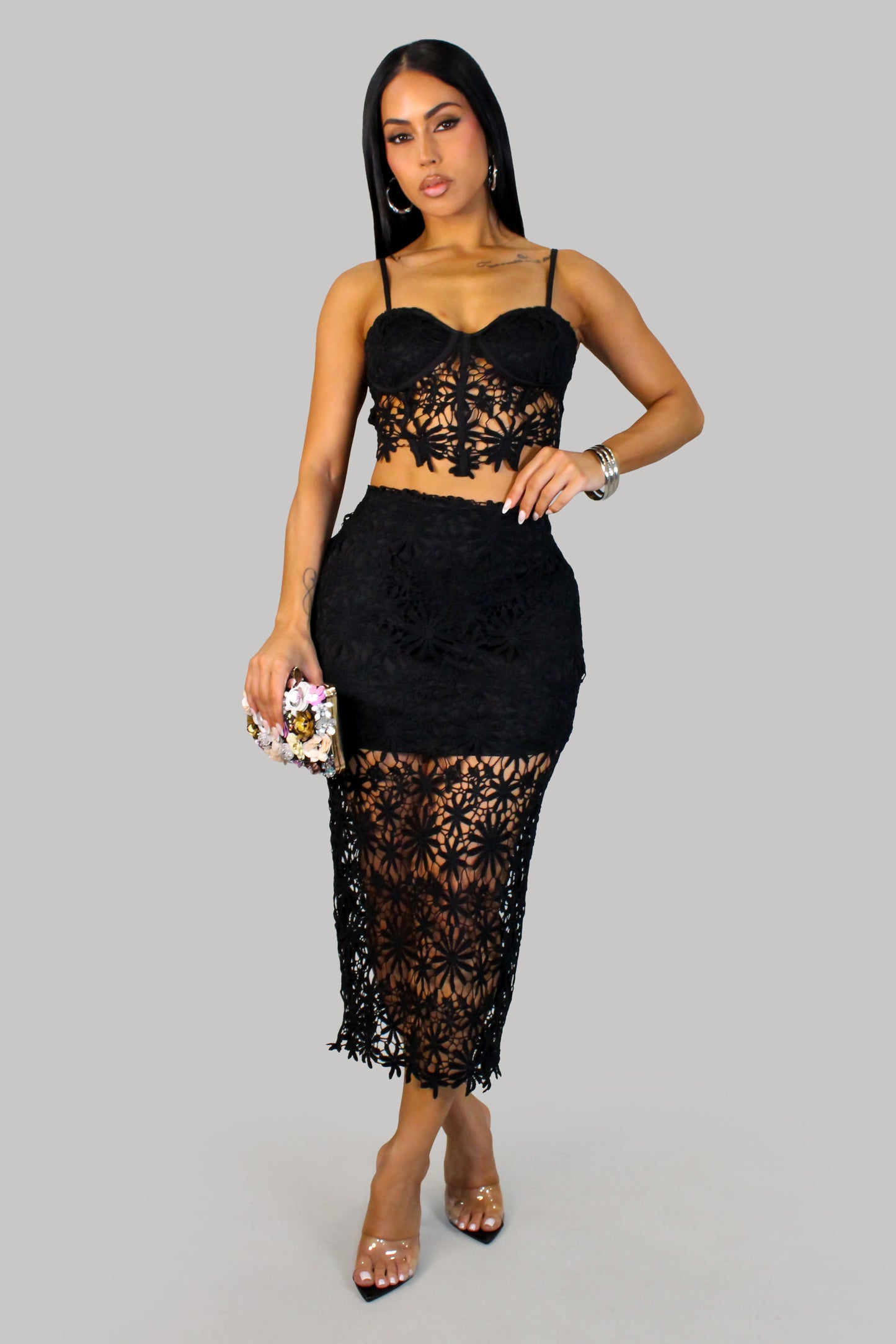 Floral Fantasy Skirt Set - Black