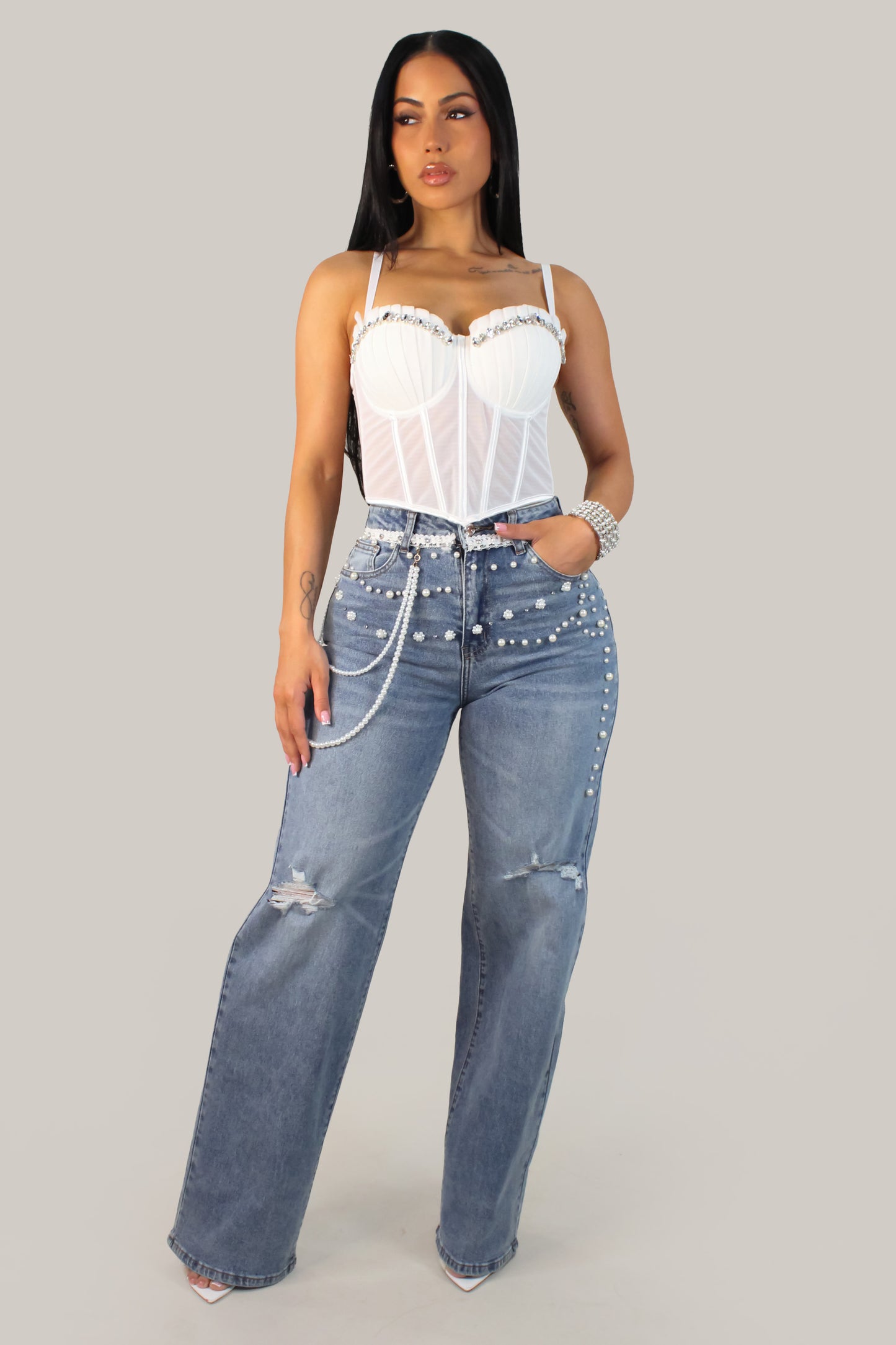 Pearled Flowers Denim Pants - Light Wash