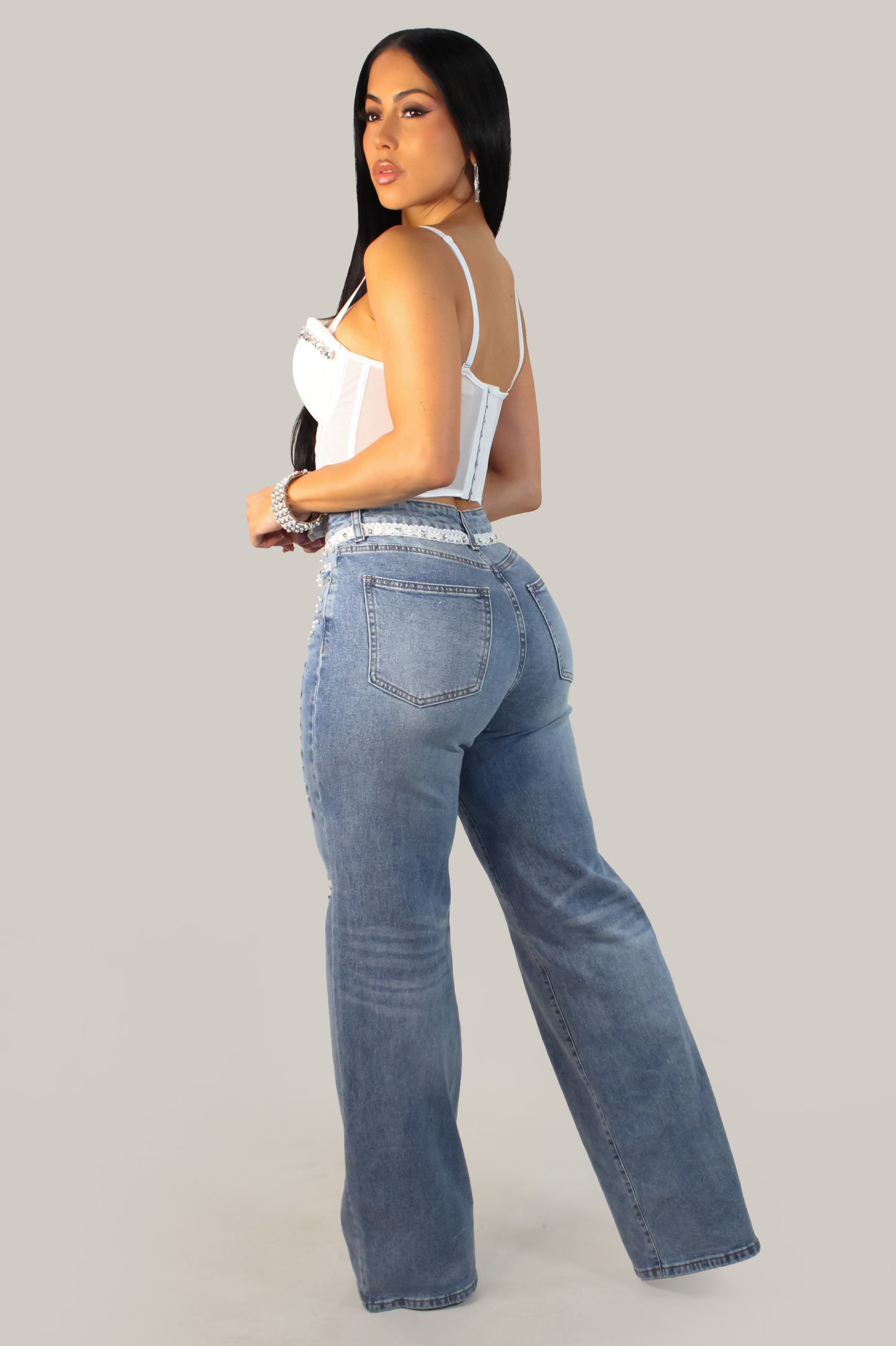 Pearled Flowers Denim Pants - Light Wash