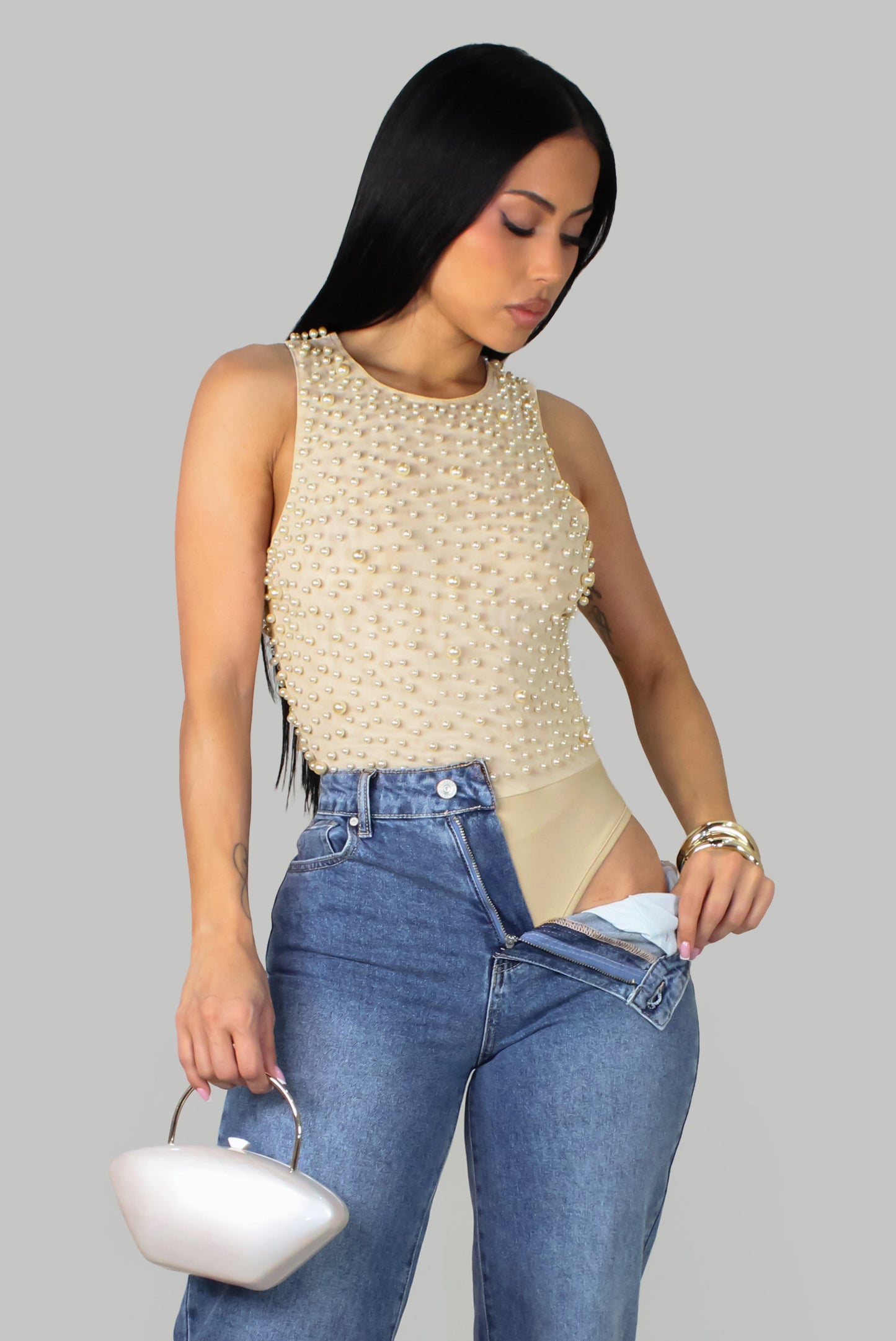Pearled Bodysuit - Cream