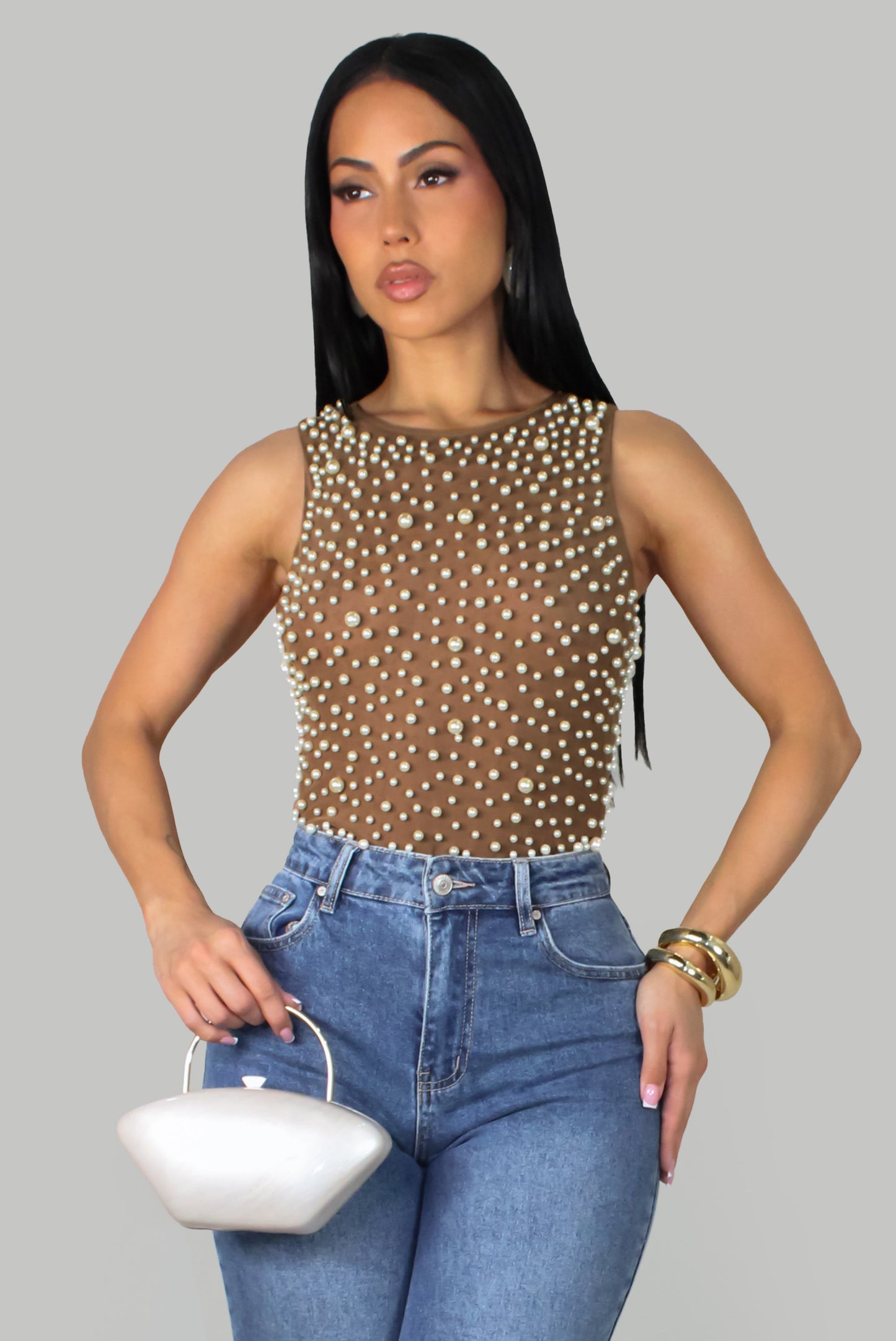 Pearled Bodysuit - Mocha
