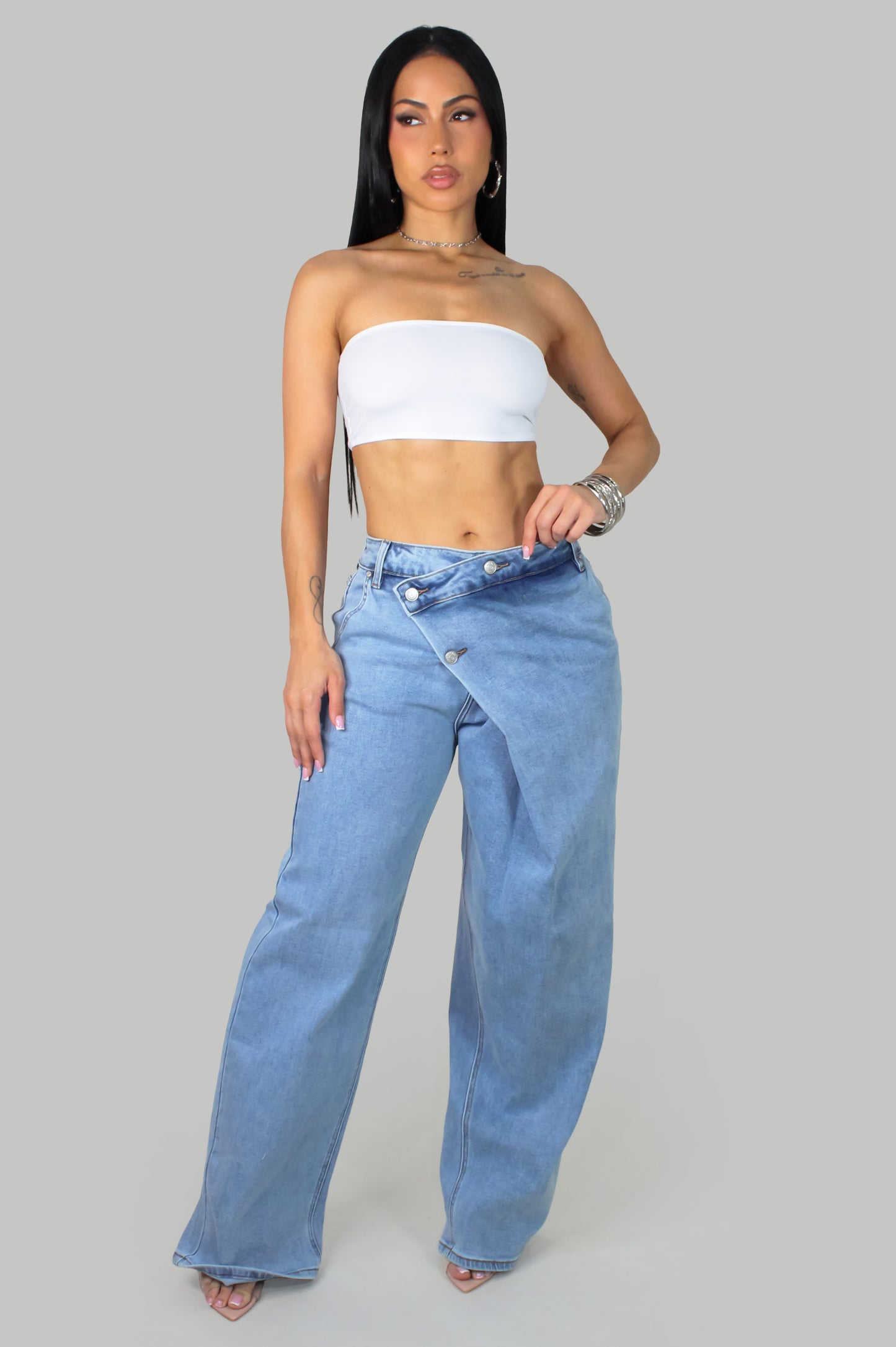 Cross Front Denin Pants Medium-Wash