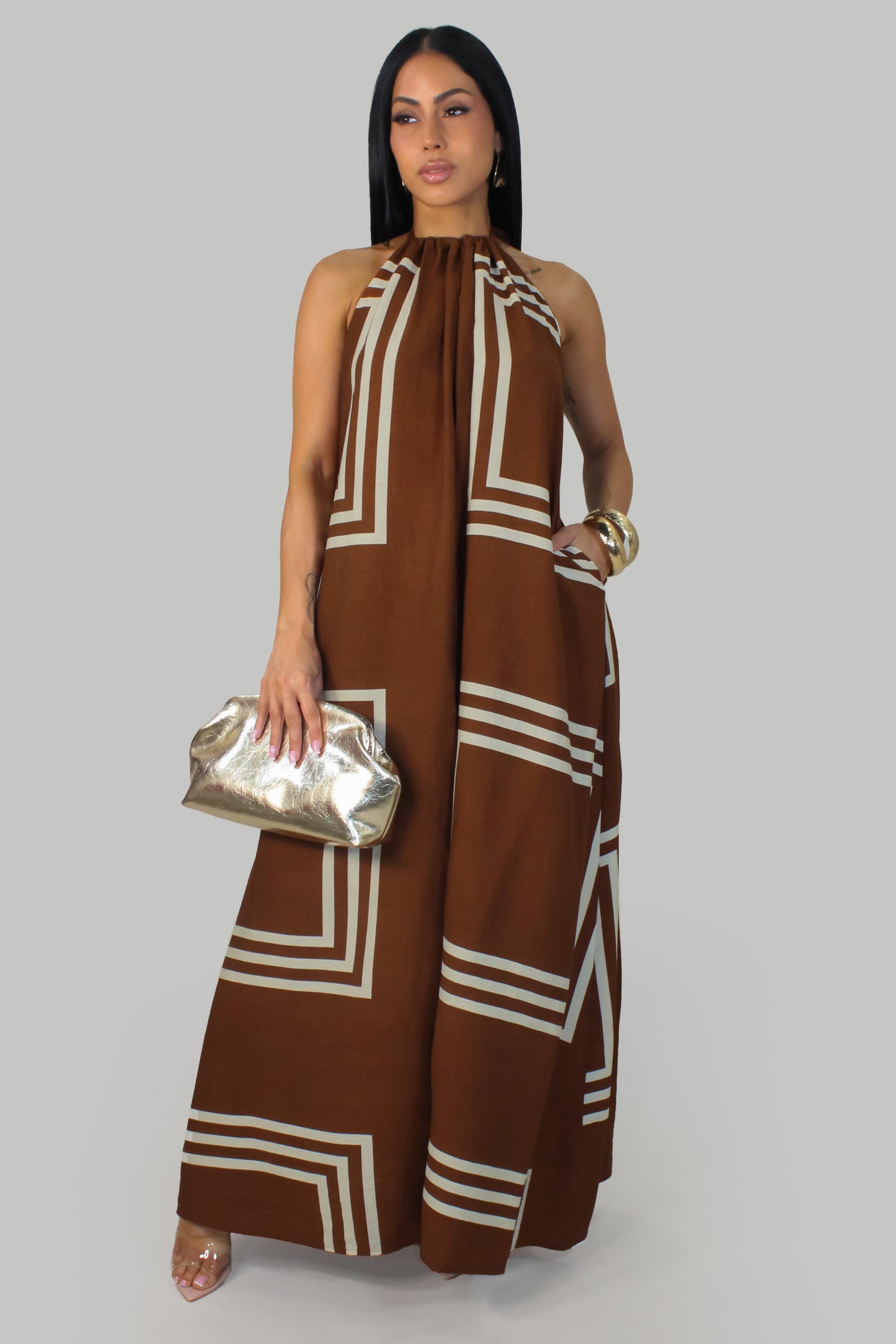Autumn Mosaic  Maxi Dress -Brown