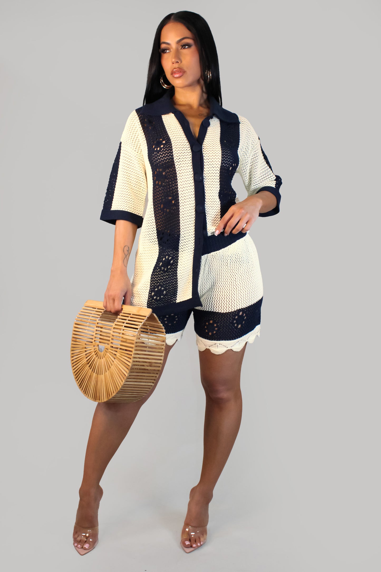 St.Barth  Crochet Short Set - Cream-Navy