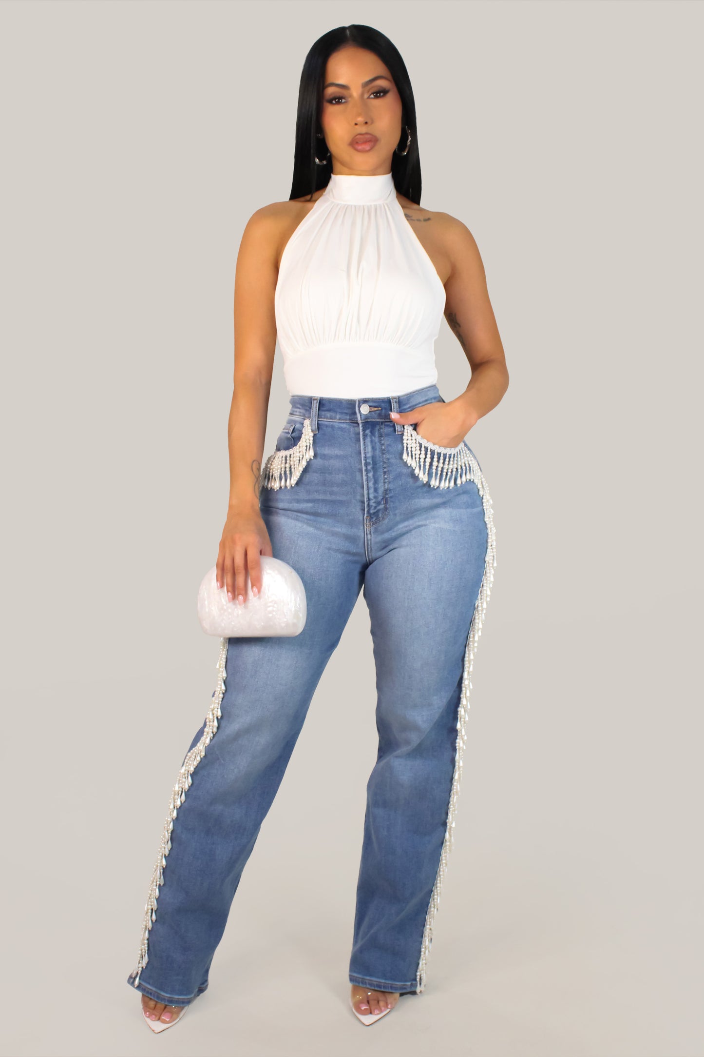 Chain Of Pearls Jeans - Light Wash