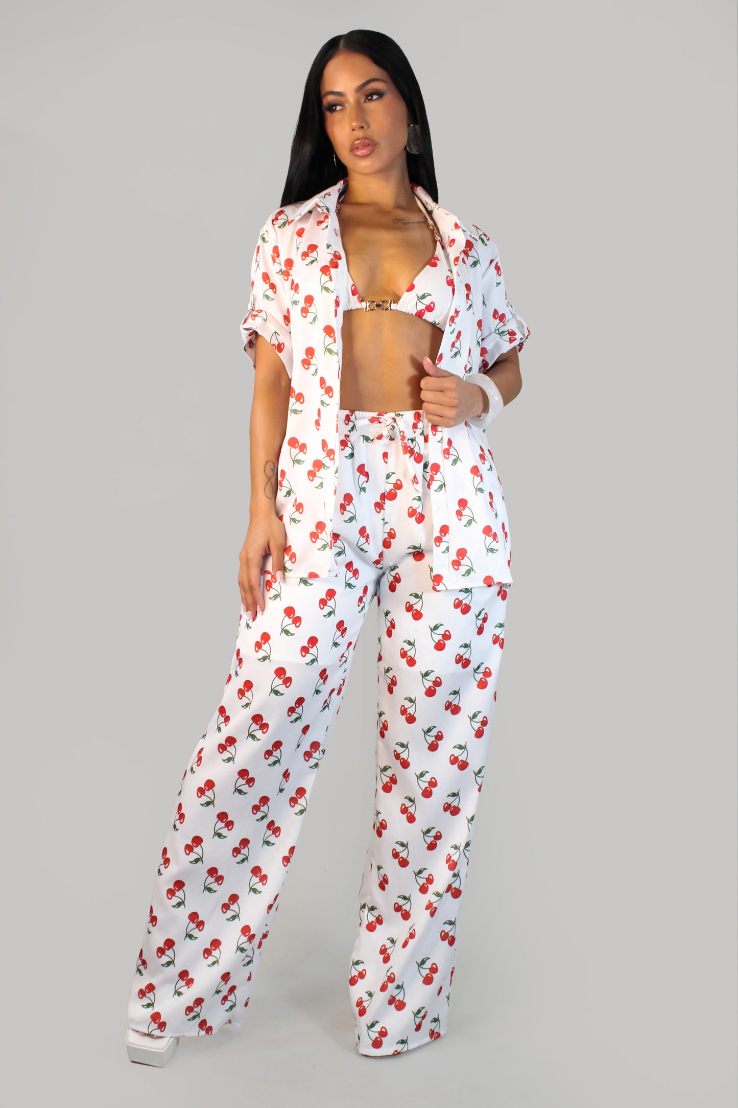 Cherry In Love Pant Set - White-Cherry