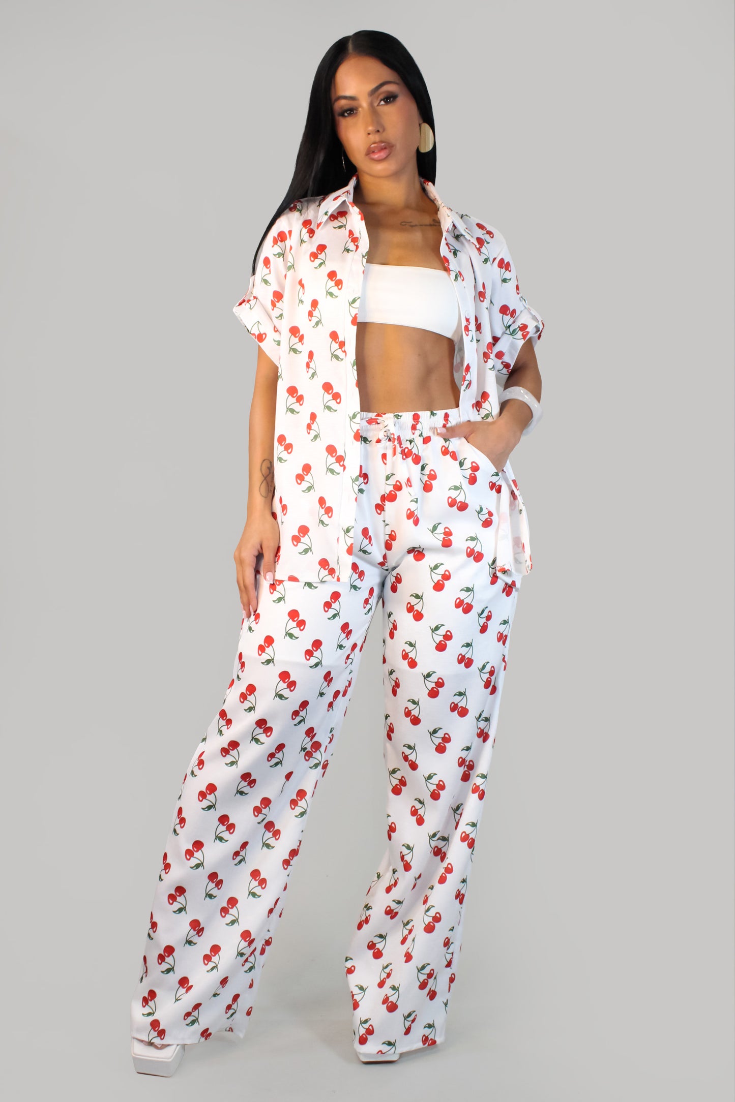 Cherry In Love Pant Set - White-Cherry