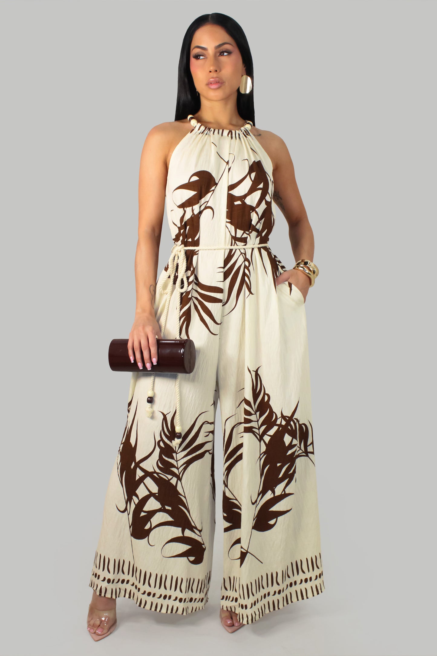Garden Palms Jumpsuit - Ivory-Brown
