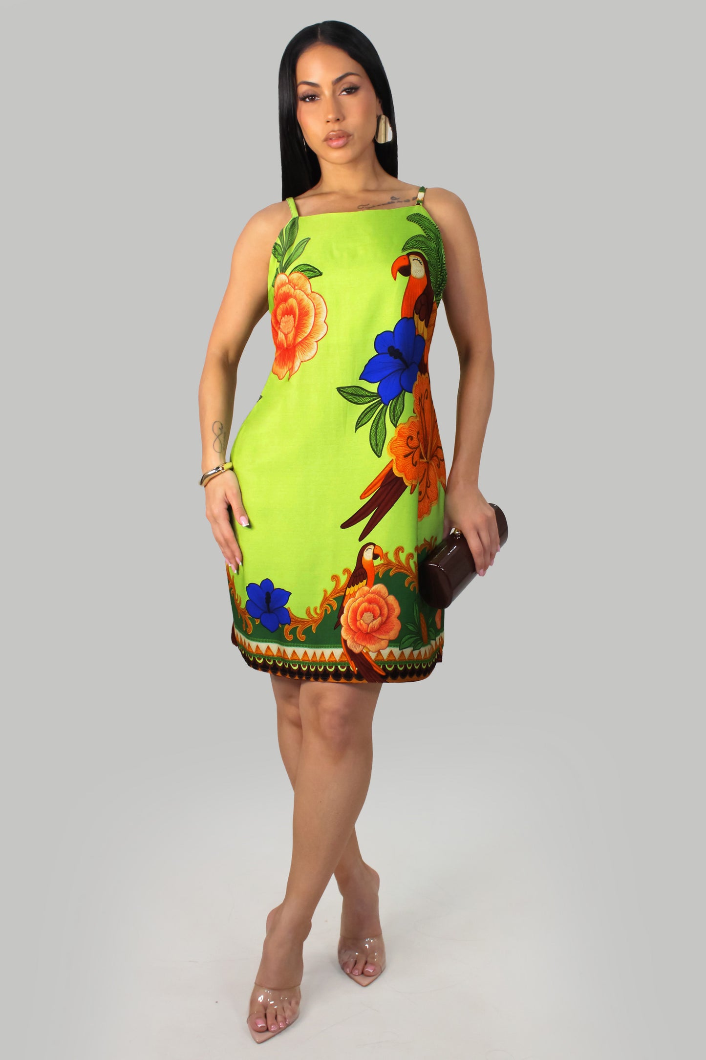 Parrots In A Tree Dress - Lime-Multi