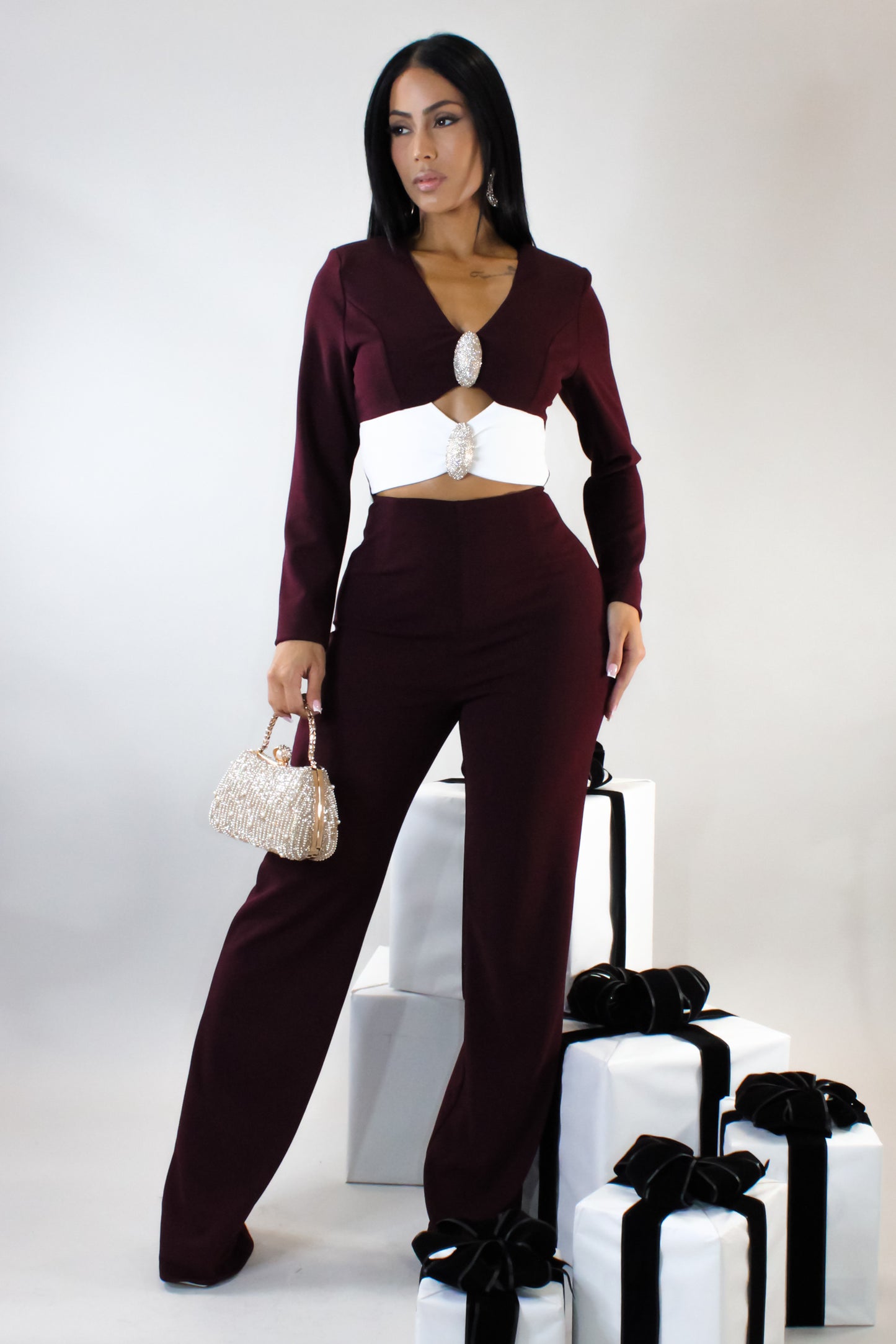 Dinner In Rome Pant Set - Burgundy