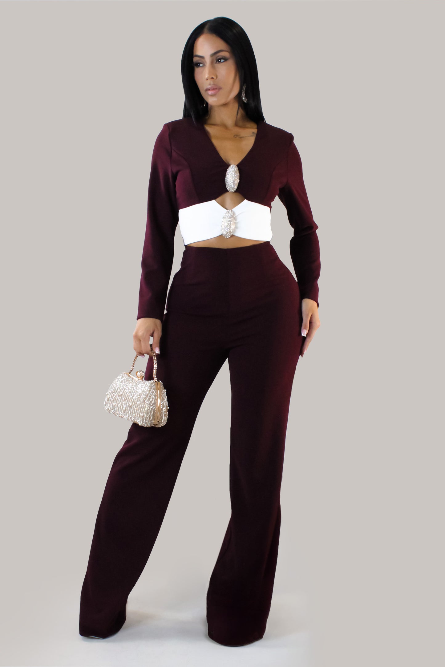 Dinner In Rome Pant Set - Burgundy