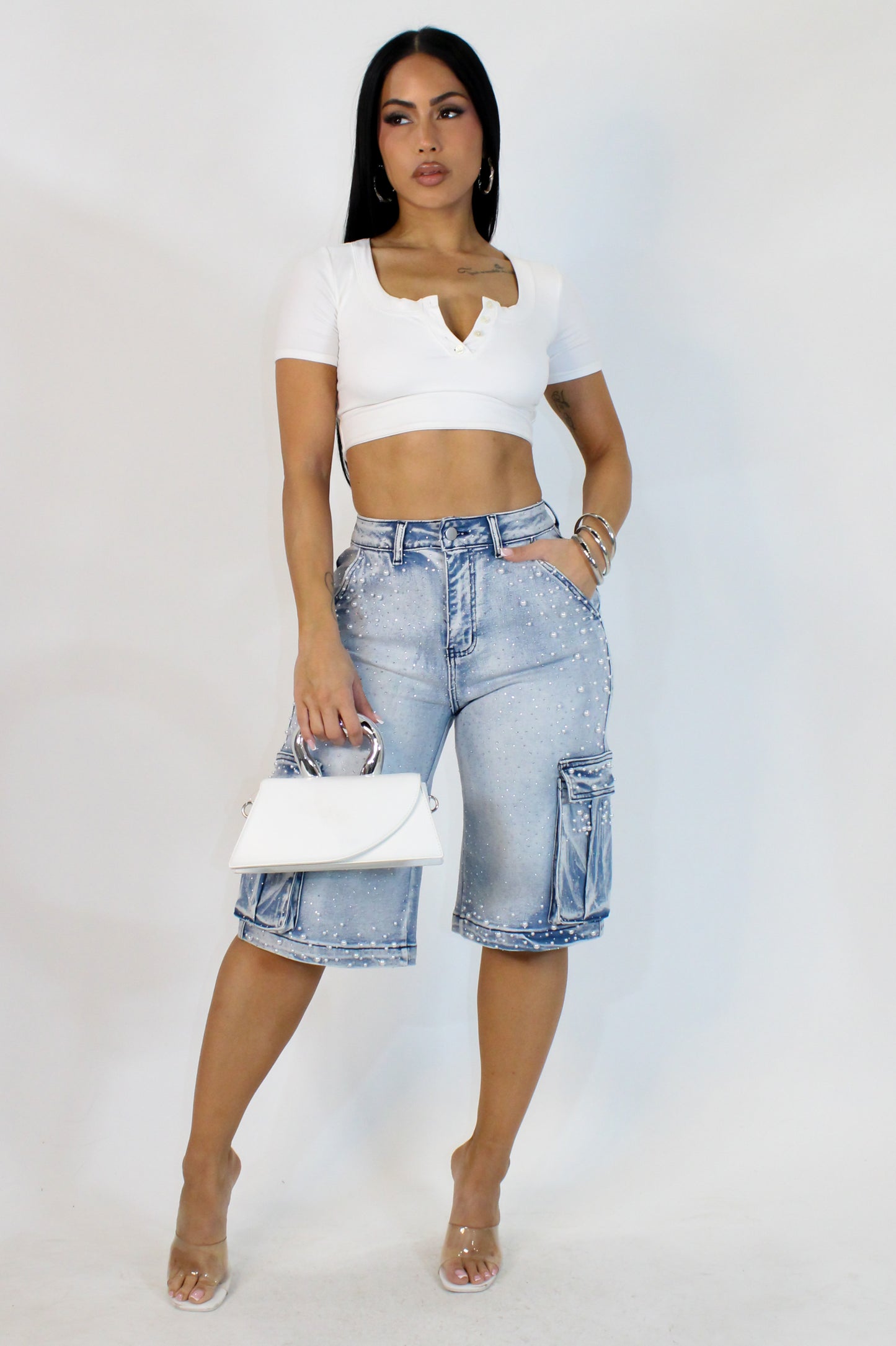 Pearls Over Stars Bermudas - Light Wash