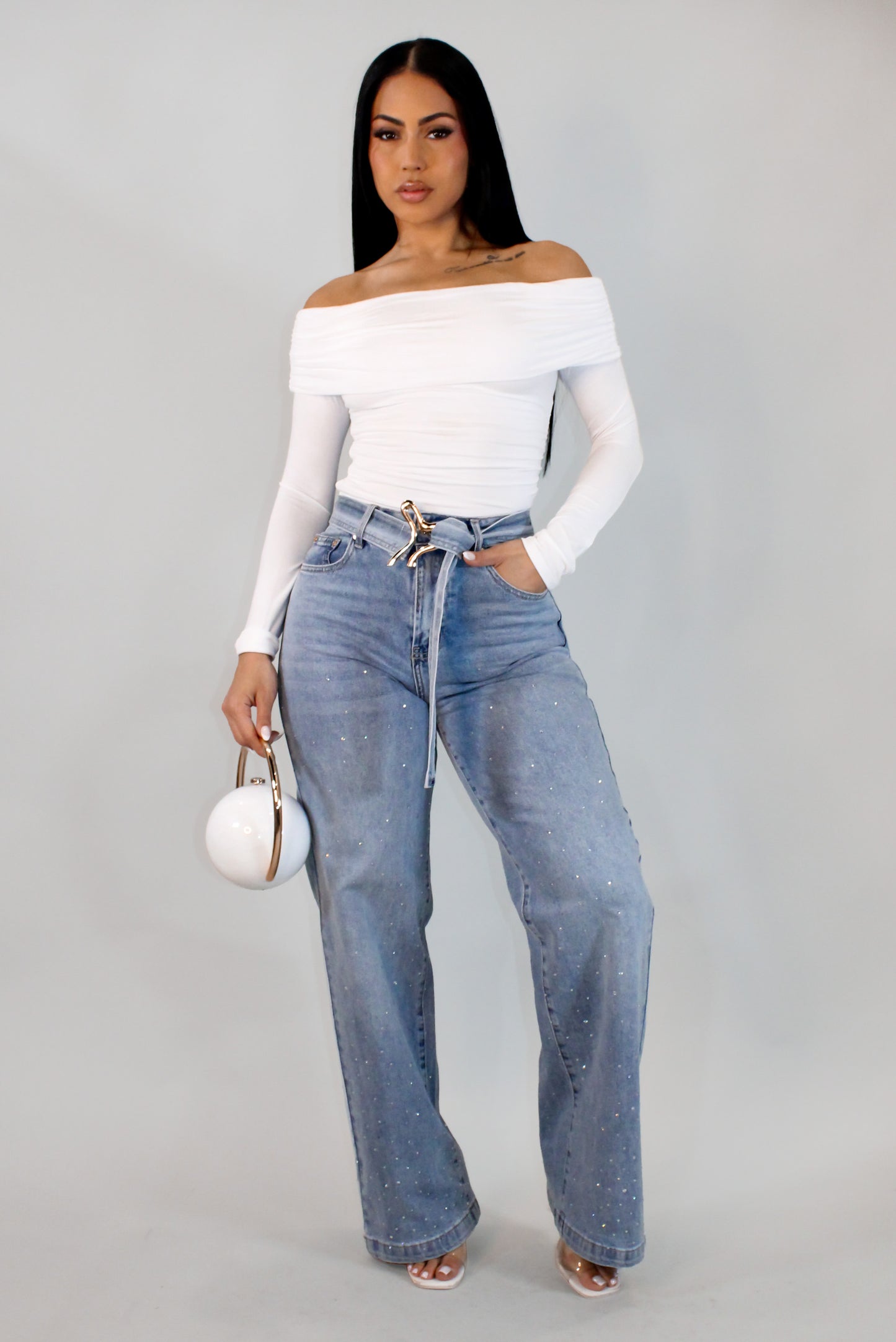 Detailed Bling Denim Pants - Light Wash