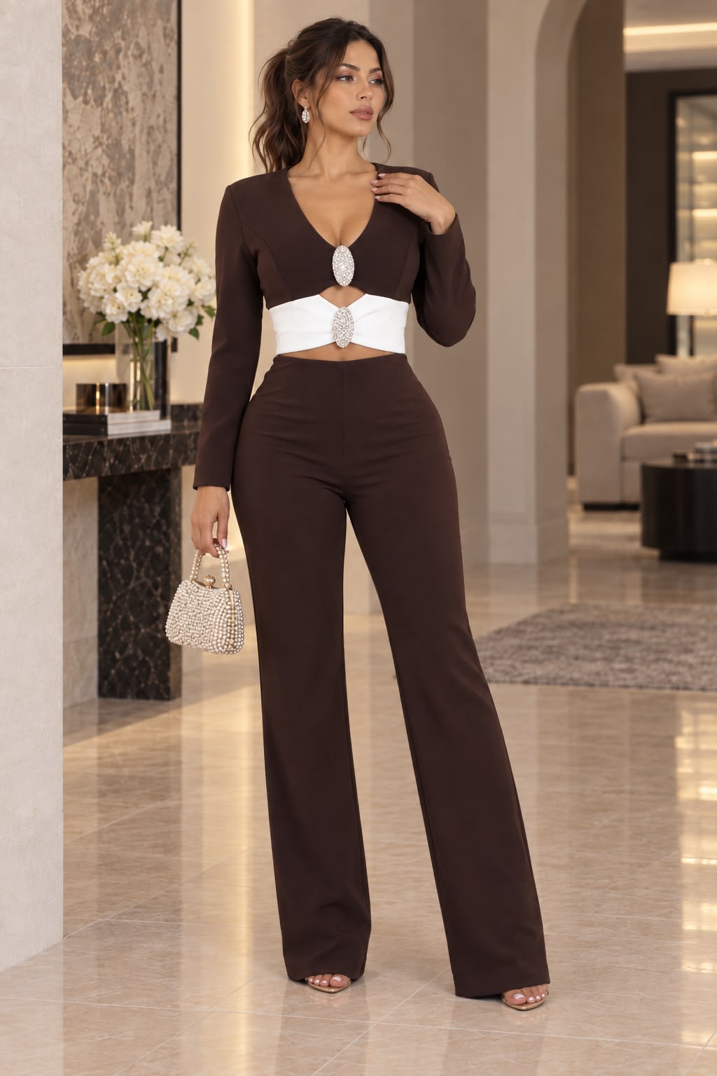 Dinner In Rome Pant Set - Brown