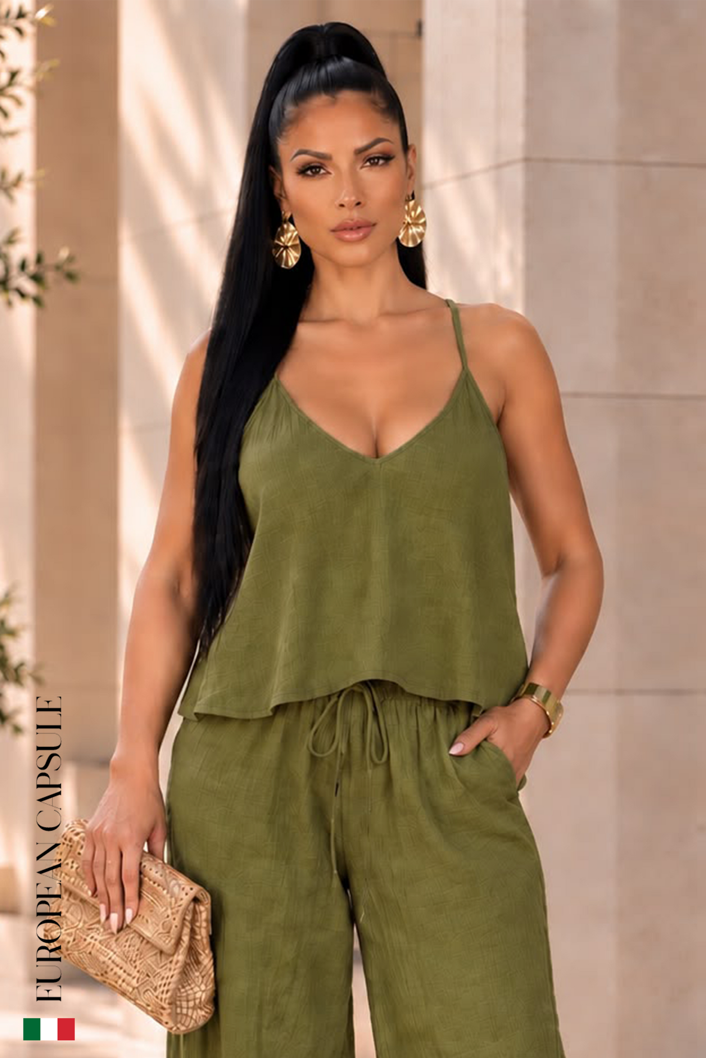 Monza Italian Linen Top - Light Olive Green
