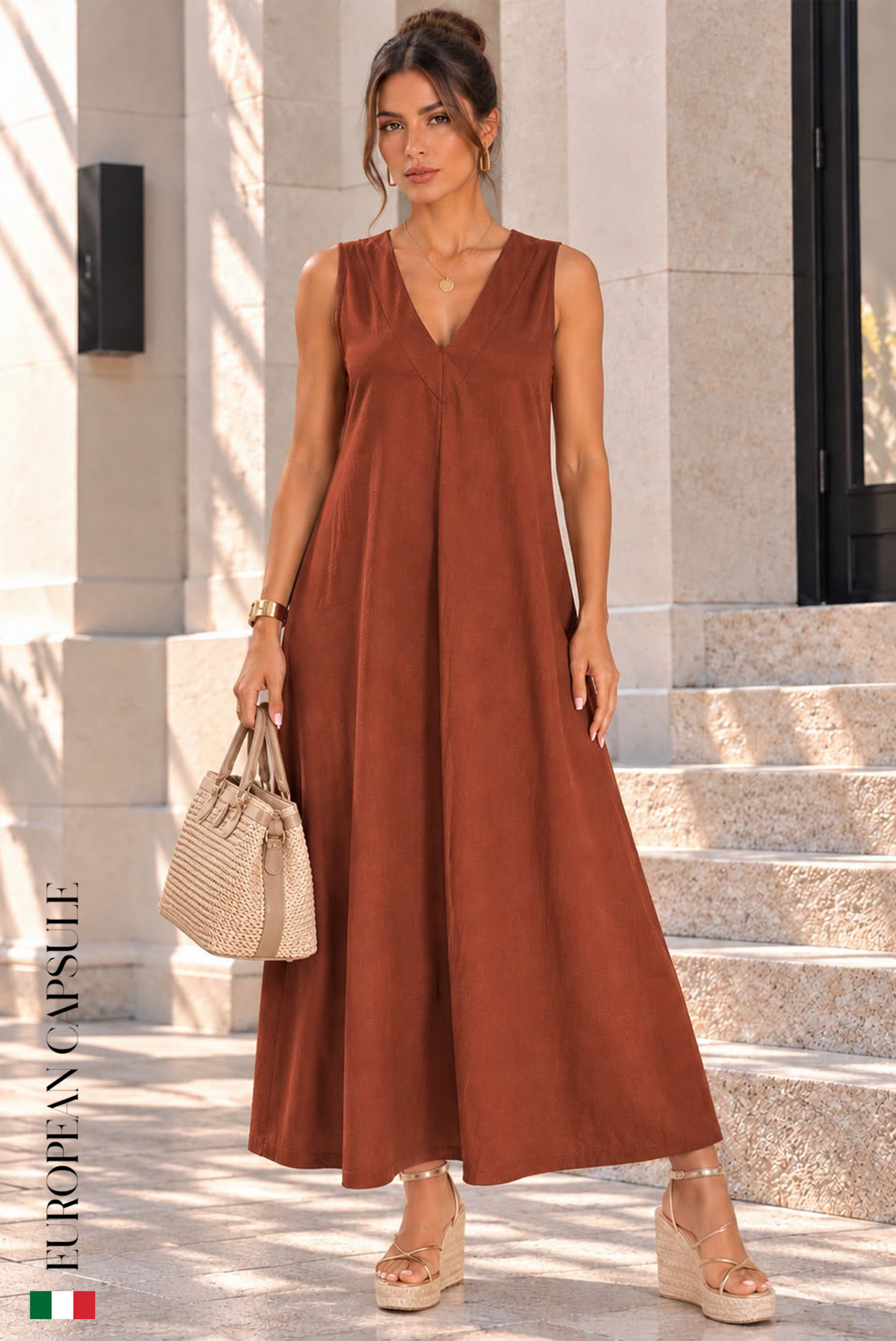 Baci Al Tramonto Italian Linen Dress - Caramel
