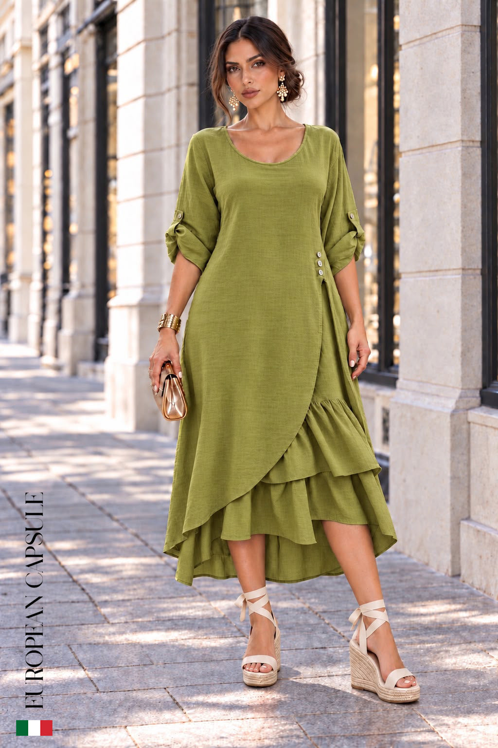 Sole Toscano Italian Linen Dress - Olive