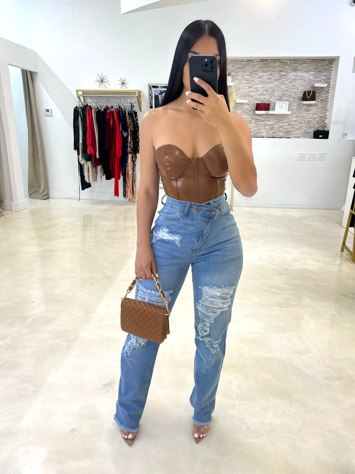 Life Of The Party Corset Crop Top - Light Brown